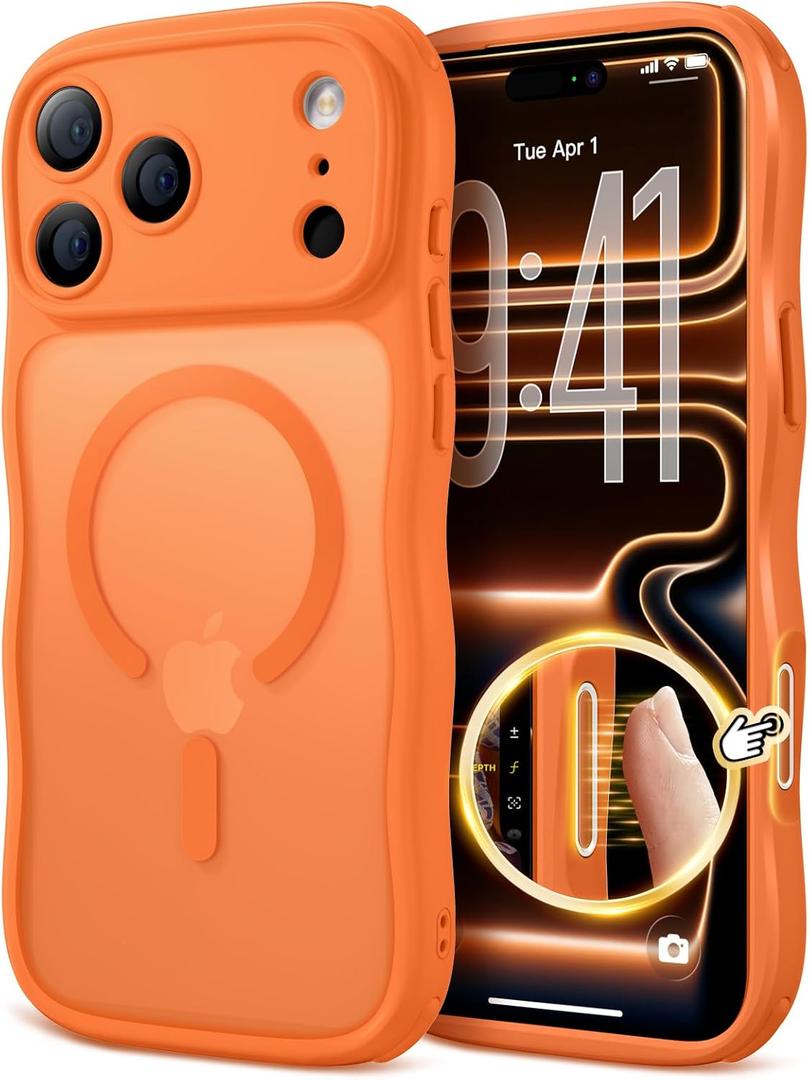 for iPhone 17 Pro Max Case for Women Girls,Compatible with MagSafe,Camera Control,Full Camera Protection, Cute Wave Magnetic Phone Case for iPhone 17 Pro Max,Orange
