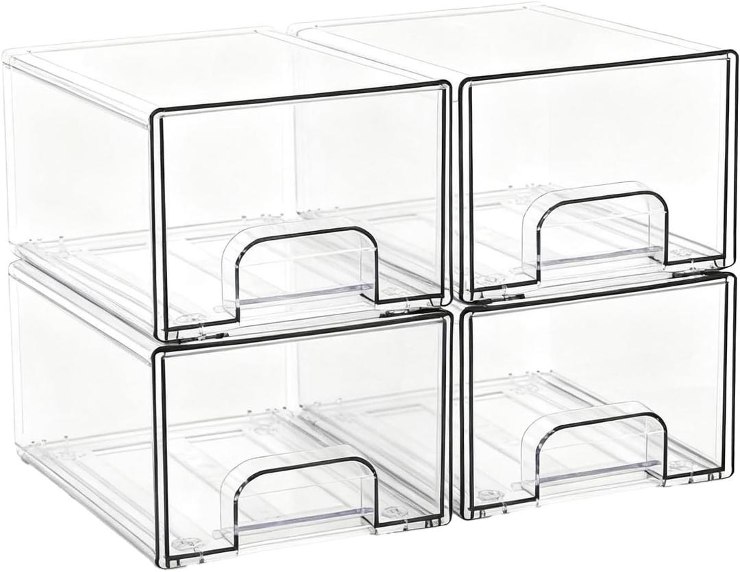 Acrylic Stackable Storage Drawers, [4-Pack] Clear Organizer Bins with Built-in Handles, Smooth Slide-Out Design for Vanity, Under Sink, Medicine Cabinet, Skincare, and More