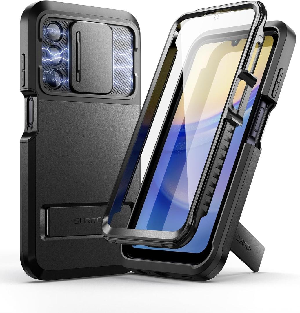 SURITCH for Samsung Galaxy A15 Case with Magnetic Camera Slide Cover & Adjustable Kickstand & Screen Protector, Rugged Full-Body Shockproof Dual-Layer Protective Cover for Samsung A15 6.5 Inch-Black