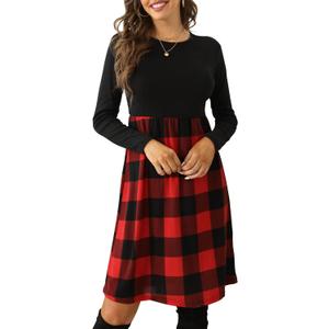 PALINDA Women's Plaid Long Sleeve Empire Waist Pleated Loose Swing Casual Flare Midi Dress with Belt (Medium, Red)