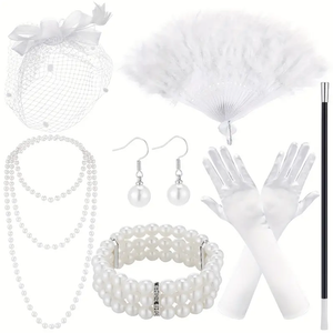Tea Party Costume Accessories Set Funeral Hat with Veil Fan and Satin Gloves for Halloween Women Costume