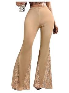 RoseSeek Women's Sheer Lace Y2K Flare Pants Low Rise Elastic Waist Skinny Bell Bottoms Casual Trousers Khaki S