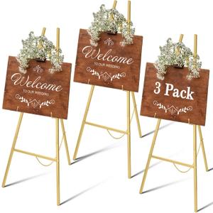 Yuntau 3 Pieces Gold Metal Easel Stand for Sign, 50 Inch Display Stand Adjustable 3 Tier Easel for Wedding Sign, Posters, Paintings, Exhibition