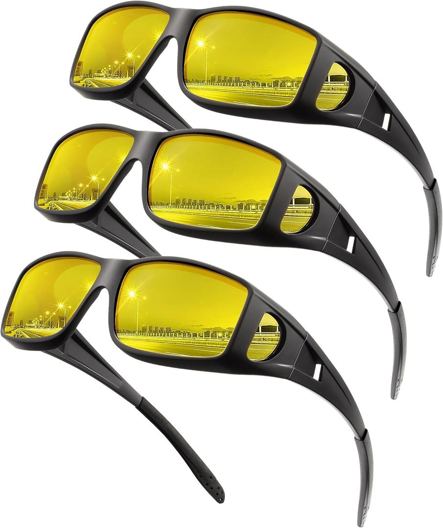 Night-Vision-Driving-Glasses Men Women Over-the-Glasses: Anti Glare Polarized Wrap-Around Night Vision Glasses