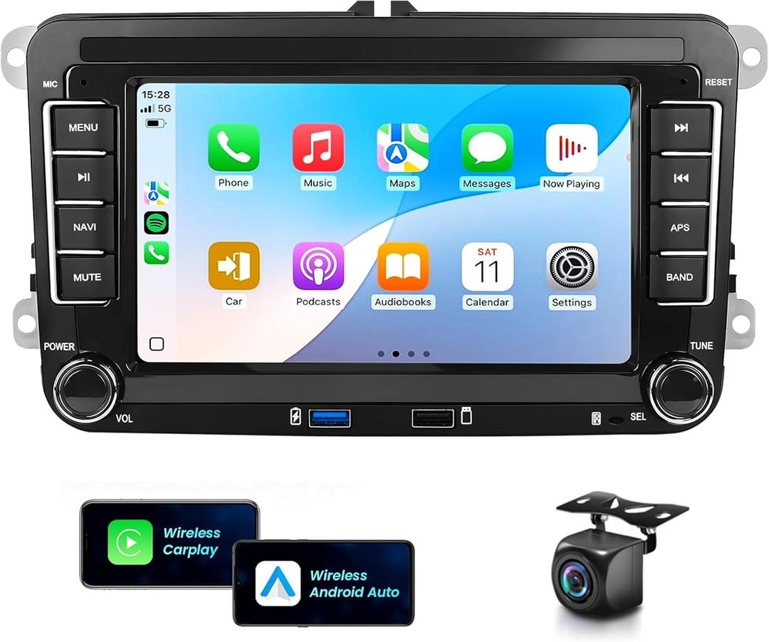 2G+64G Android Car Stereo with Wireless CarPlay Android Auto for VW Passat Jetta Golf TOURAN SEAT, Podofo 7inch HD Touchscreen Bluetooth Radio with Two USB GPS WiFi HiFi Audio SWC AHD Backup Camera