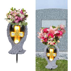 Grave Decorations for Cemetery Heaven Angel Wing Cross, Graveyard Decorations, Vase with Solar LED Lamp, Resin Decorated Bereavement Statue, Gift in Memory of Relatives (White)