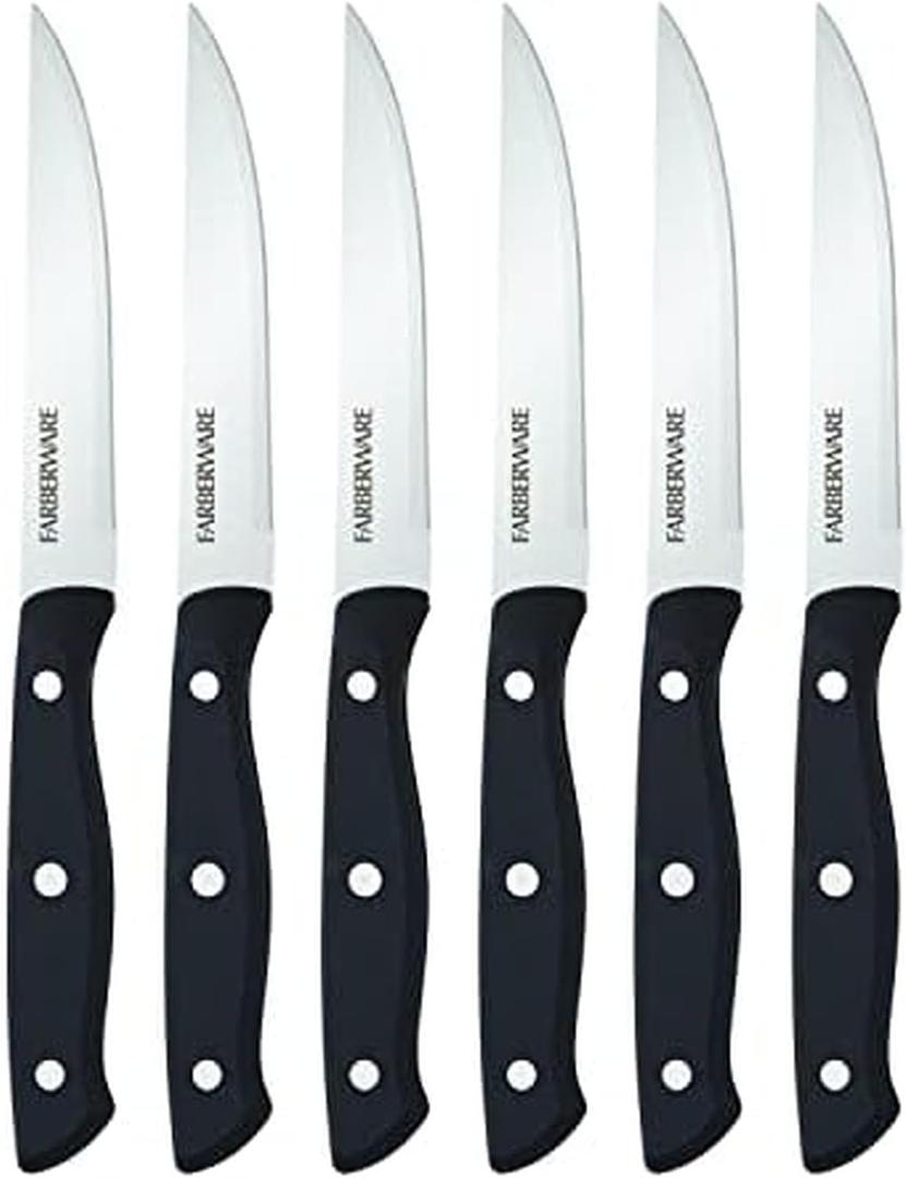 Farberware Triple Riveted Steak Knife Set, 6-Piece, High-Carbon Stainless Steel Knife Set, Razor-Sharp Steak Knife Set with Fine Edge Blades, Black (4.5")