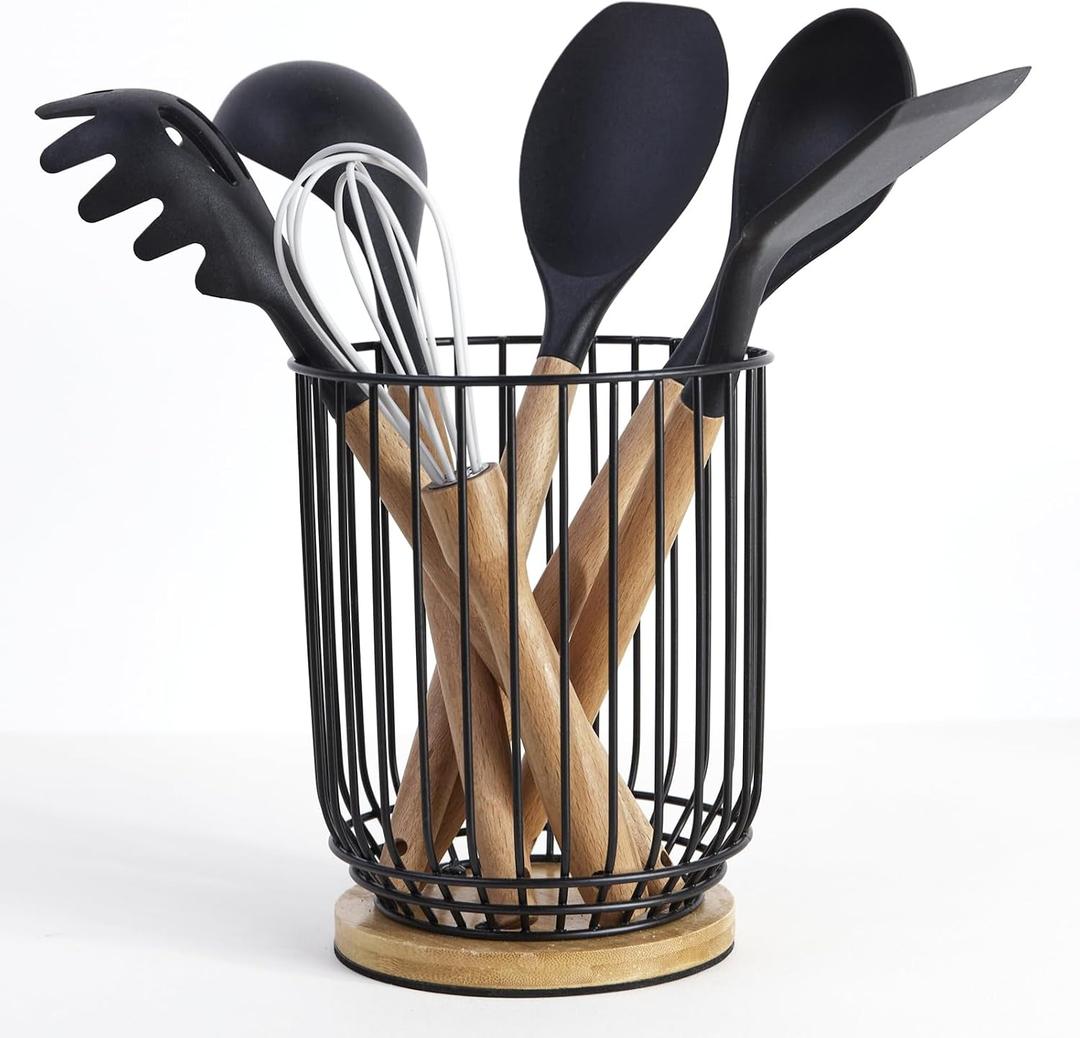 WDT Tool Utensil holder for Kitchen CounterLarge Utensils Holder For Farmhouse Cooking, Utensil Caddy Spatula Holder (Metal+Bamboo-1)