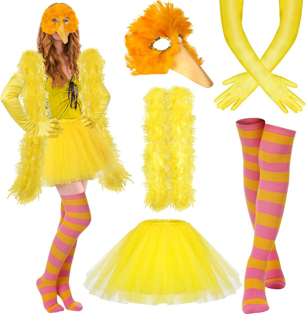 5 Pcs Halloween Bird Costume Adult Women Bird Costume Accessories Bird Mask Yellow Feather Boa Tulle Skirts Striped Thigh High Socks Gloves for Cosplay Party