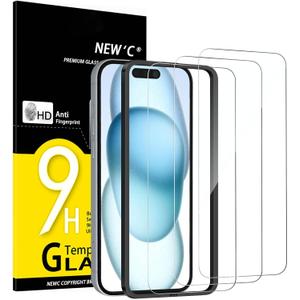 NEW'C 3 Pack Designed for iPhone 16, iPhone 15 Screen Protector (6.1 inches),Enhanced Tempered Glass Protection with easy installation tool included,Ultra Resistant | Tempered Glass, Case Friendly, Ultra Resistant (Transparent)
