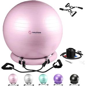 Exercise Ball Chair with Resistance Bands, Yoga Ball Office Chair with Stability Base for Home Gym, Workout Ball for Fitness, Large Size 65 cm (Pink)