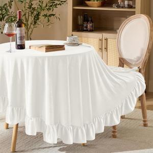 KKJIAF Ivory Velvet Round Tablecloth 70 inch, Retro Farmhouse Ruffle Round Table Cloth Washable Table Cover for Wedding Buffet Parties Baby Shower Kitchen Decoration