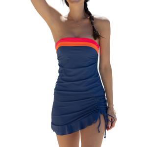 Beachsissi Bandeau Swimsuits for Women Strapless Swimwear Bathing Suits Tummy Control Color Block Tankini Skirt Sets (Large, Navy)