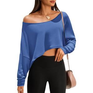Fisoew Womens Off The Shoulder Cropped Tops Batwing Long Sleeve Loose Fit Summer Boat Neck Workout T Shirts, S