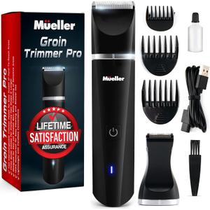 Mueller Groinscaper Pro Hair Trimmer 5.0, Replaceable SkinSaver Ceramic Blade Heads, Waterproof Wet/Dry Clippers, Rechargeable, Wireless Charging, Ultimate Male Hygiene Razor