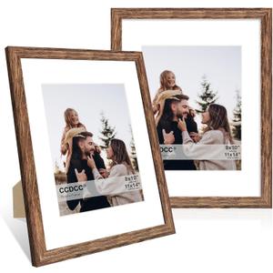11x14 Picture Frame Set of 2, 11 x 14 Wood Photo Frames with Mat for 8x10, Natural Wooden Frame with Real Glass Cover for Wall and Tabletop Display,Rustic Brown