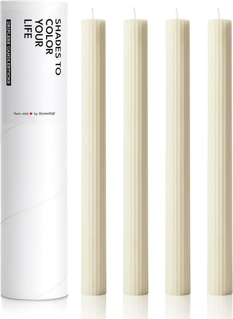 10" Ribbed Candle Sticks, Ivory, 4-Pack, Unscented Taper Candles