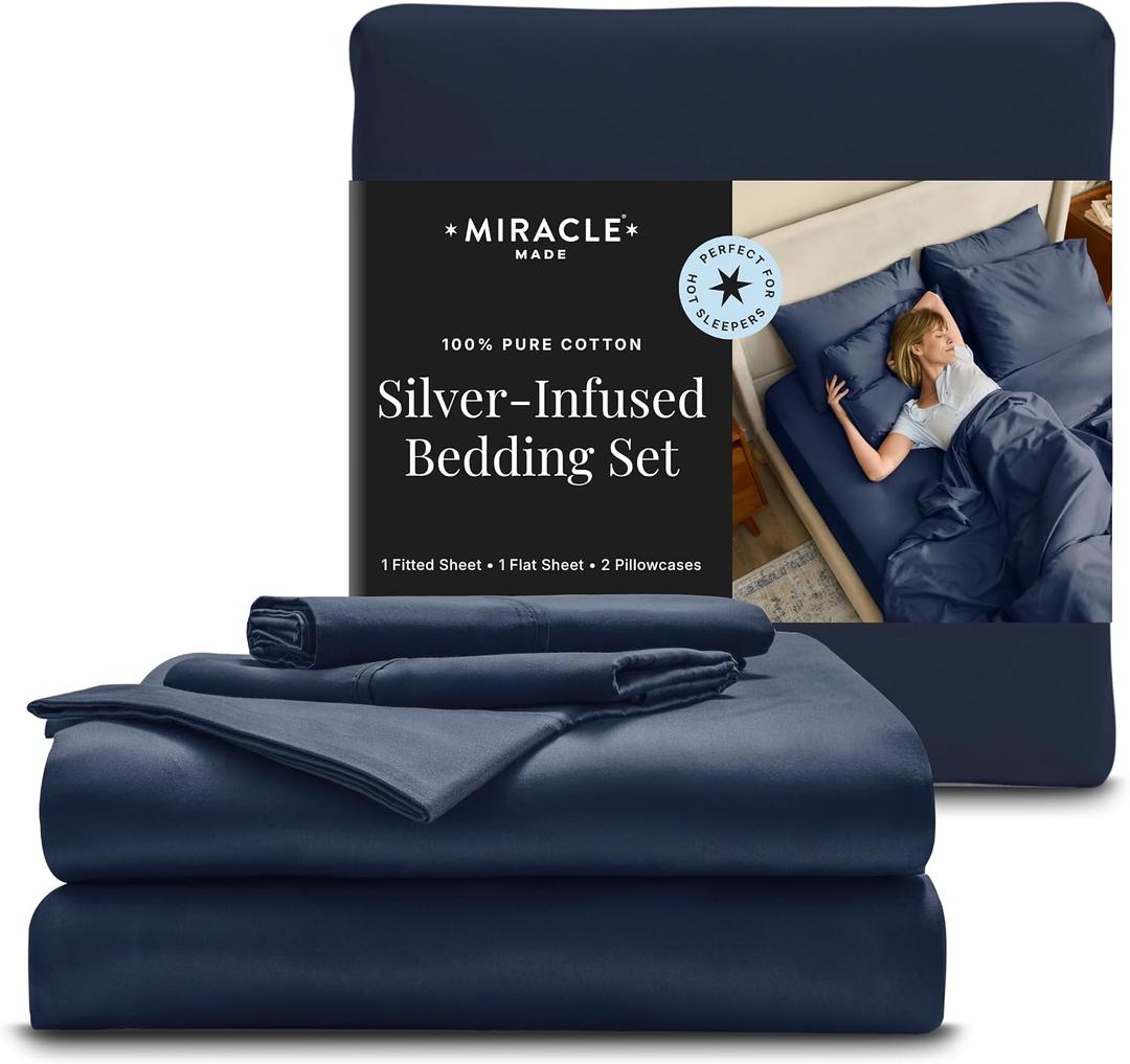 Miracle Made Breathable Cotton Bed Sheets, 4-Piece Set Silver-Treated, Soft and Cool-to-the-Touch Lightweight Bedding Designed for Hot Sleepers Queen Size, Navy Blue