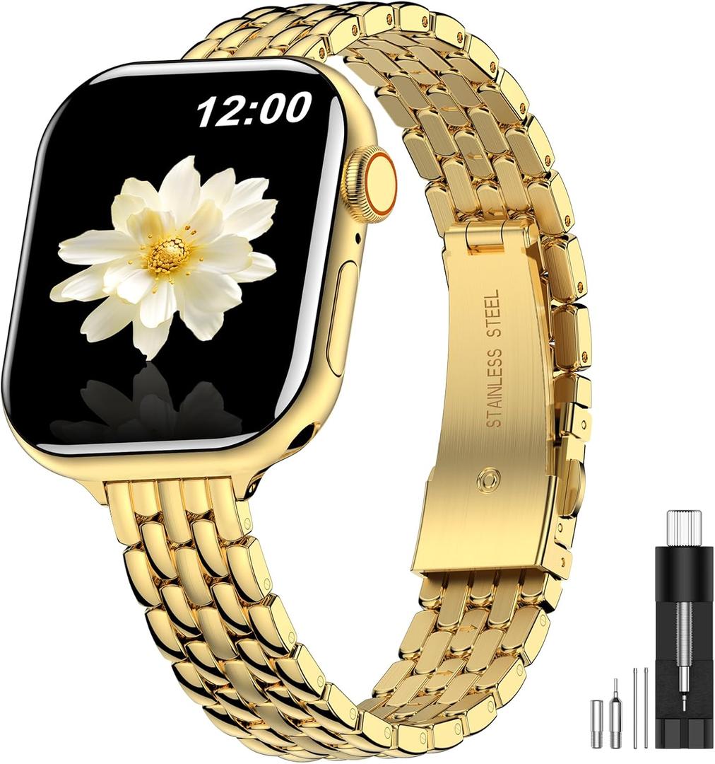 MioHHR Slim Metal Bands Compatible with Apple Watch Band 38mm 40mm 41mm 42mm (Series 10), Thin Chain Stainless Steel Strap Bands for Women iWatch Series 10 9 8 7 6 5 4 SE 3 2 1, Gold