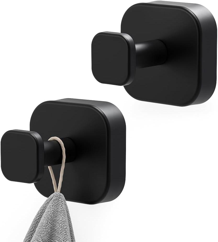 Suction Cup Hooks for Shower, Stainless Steel Suction Hook for Bathroom, Removable Towel Hooks for Kitchen Wall, Glass, Mirror, Tile, Loofah Hook for Hanging (Black*2)