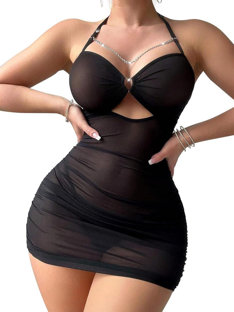 Sexy Lingerie for Women Sheer Lingerie Set Bodycon Mini Lingerie Dress Ruched Party Clubwear Outfits (Medium, Black)