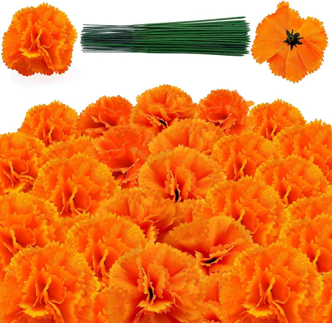 50 pcs Marigold Flowers with Stems, Silk Artificial Flowers for DIY for Diwali,Indian Festival, DIY Marigold Garland Wedding Decor 5cm (50pcs with Floral Wire)