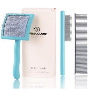 Gently Grooming Slicker Brush with Coated Tips for Long-Haired Dogs-Ergonomic Wooden Handle, Long Pins for Grooming Goldendoodles Poodles Blue