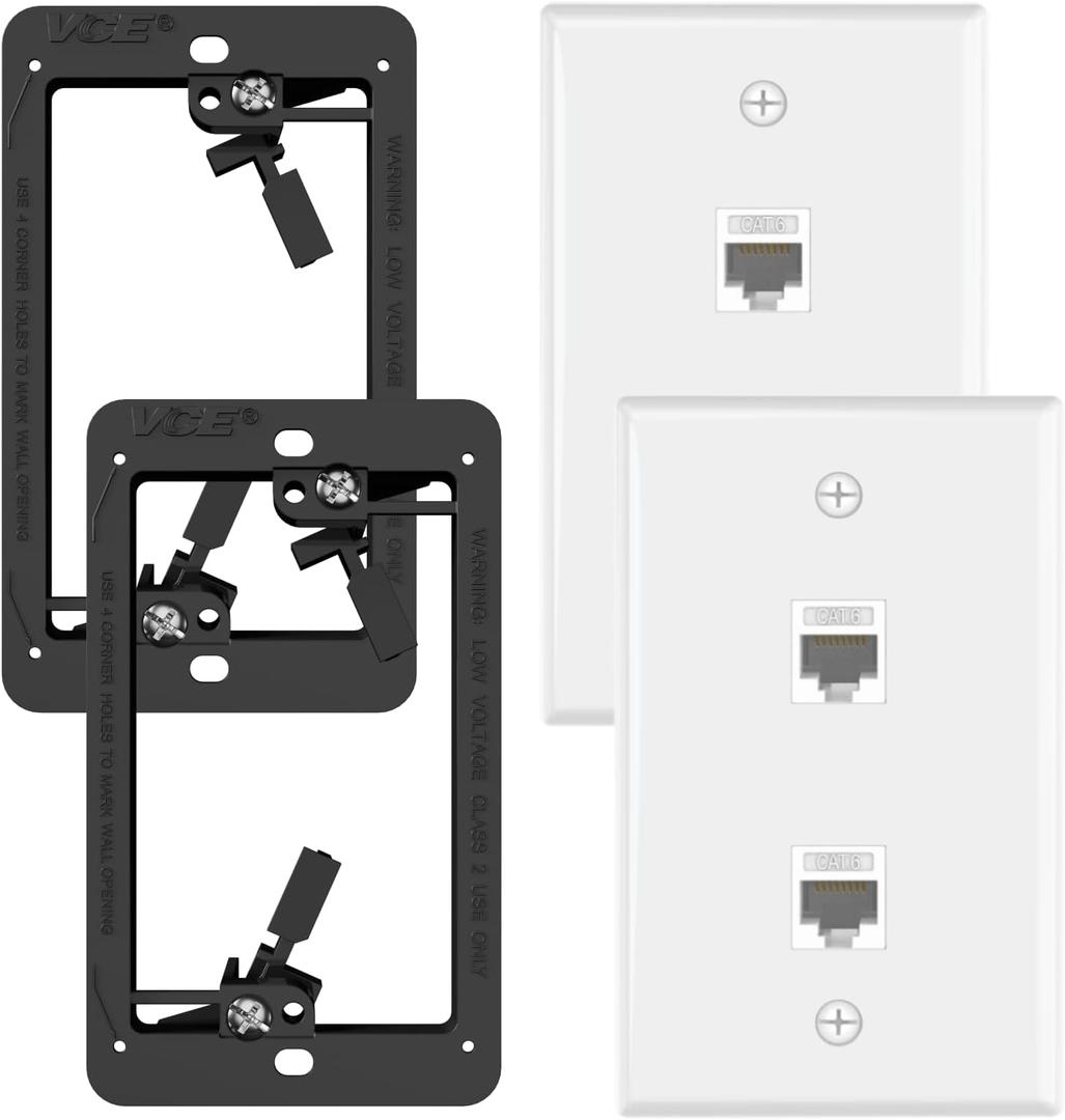 VCE Ethernet Wall Plate (UL-Listed), 2-Port CAT6 Wall Plate and Jack, RJ45 Keystone Wall Outlet with Single Gang Low Voltage Mounting Bracket, White 2-Pack