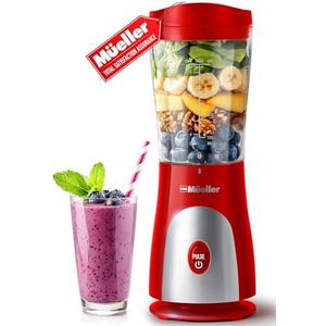 Mueller Smoothie Blender for Smoothies - Personal Blender for Shakes, Frozen Drinks, Baby Food & More, 15oz Travel Cup and Lid, Durable Stainless Steel Blades for Powerful Blending Performance, Red