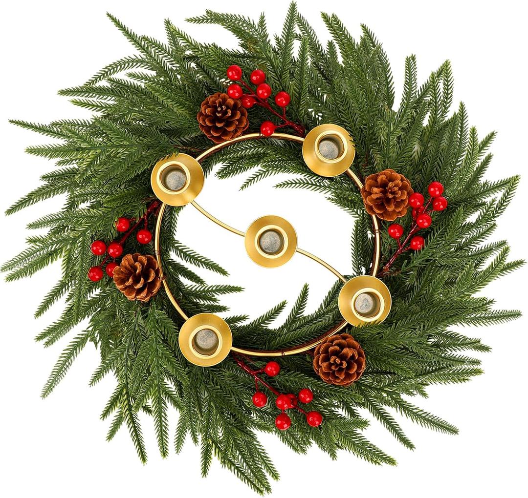 Sliner 15.7 in Christmas Advent Wreath 5 Candle Holder Norfolk Pine Needle Wreath with Gold Ring Candle Holder Pine Cones Red Berries Christmas Centerpiece Decoration for Home Church Winter Holidays