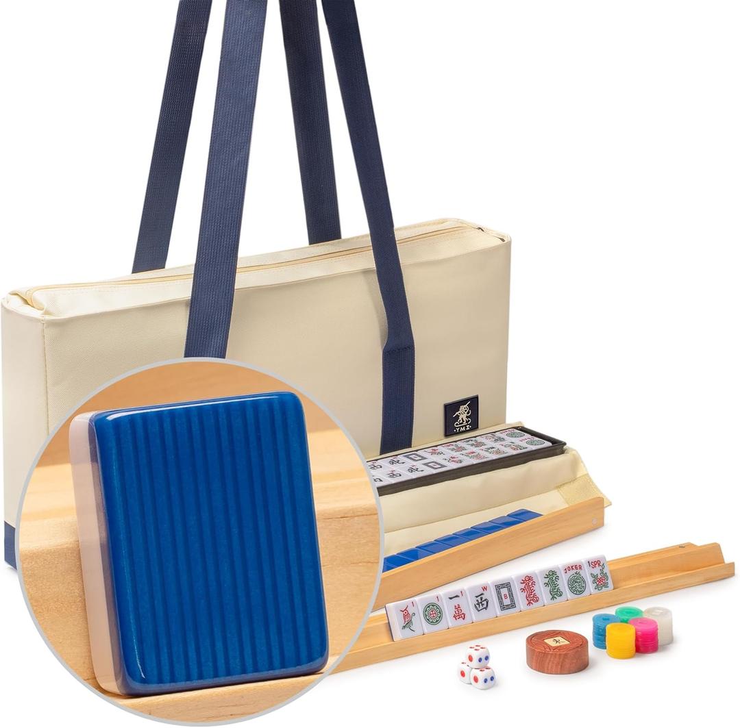Yellow Mountain Imports American Mahjong Set, Harbor Tide with Beige and Blue Canvas Tote Bag - 4 All-in-One Racks with Pushers, Wright Patterson Scoring Coins, Dice, & Wind Indicator (Ivory)