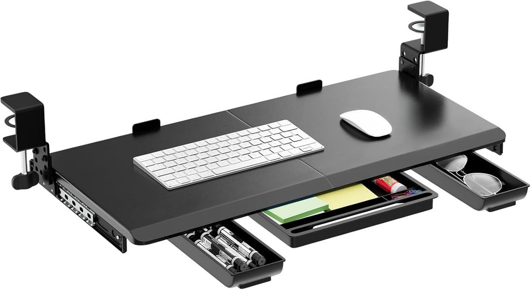 Height Adjustable Keyboard Tray Under Desk Slide Out, 27(33 Including Clamps)*11 Inch, Ergonomic Keyboard & Mouse Drawer Extender Holder, Sturdy C-Clamp Mount, for Home, Office, Black