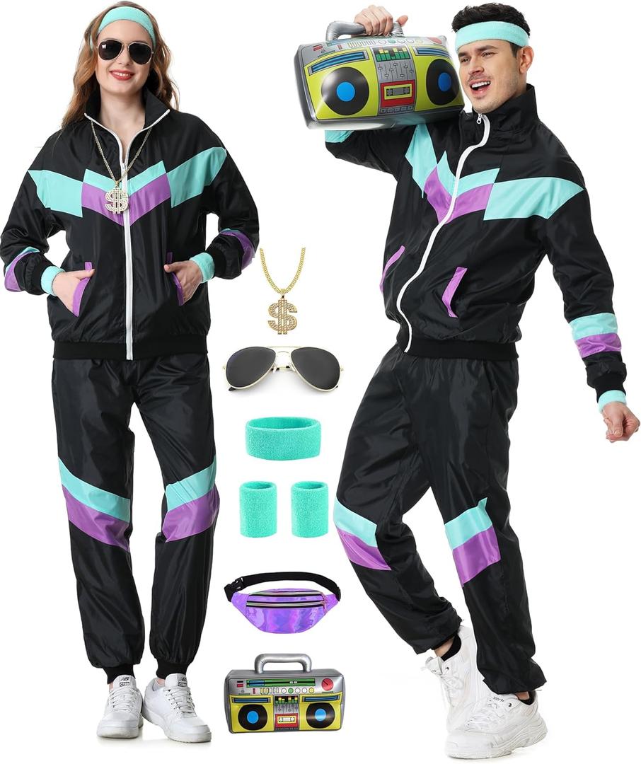 Owurha 80s Track Suit for Men Women 90s Retro Windbreaker Set Couples 90s Tracksuit 80s Costume Men Neon Wind Suit (Medium, Black)