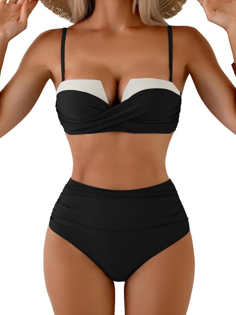 Aidonger Push Up Bikini Sets for Women Wrap Two Piece Swimsuit Tummy Control Bathing Suit Tie Back Swimwear Color Block (X-Large, White, Black)