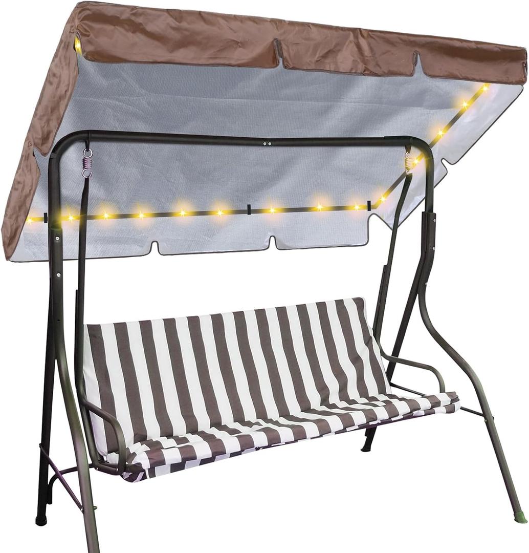 LED Lighted Porch Swing Canopy Replacement Waterproof LED Swing Canopy Top Cover 2-3 Seat Shade Awning Cover for Garden Outdoor Patio(76.8 x 48.4 Inch,Brown)