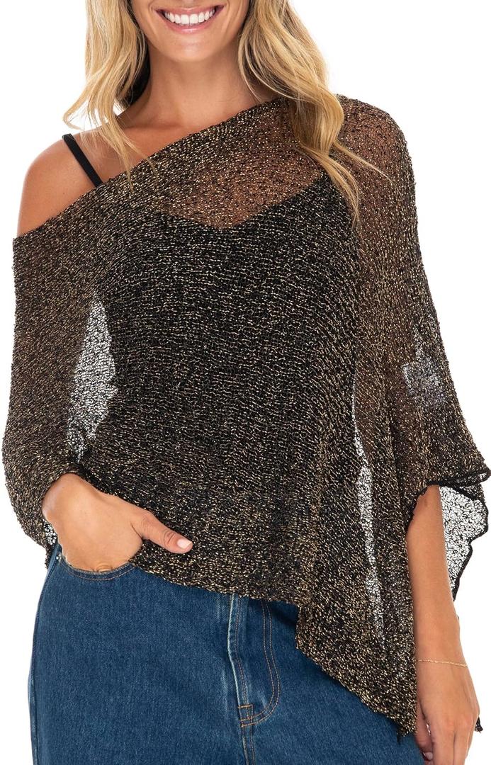 Back From Bali Womens Sheer Poncho Shrug Bolero, Lightweight Summer Shrug Pullover Sweater (Black Gold)