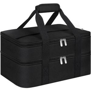 MIAOJIE Double Insulated Casserole Carrier, Portable Casserole Carrier for Hot or Cold Food Lunch Tote Warmer or Cooler Bag, Lasagna Lunch Bag for Potluck Parties- Fits 9" x 13" Baking Dish-Black (16x10x7.2 in)