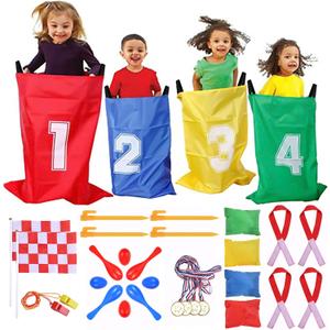 GOLDGE 28 Piece Outdoor Games Kit for Kids, Includes Potato Sack Race Bags, Bean Bag Toss, 3 Legged Race Bands, Egg Spoon Relay, for Easter & Birthday Parties (Potato Sack Race Bags)