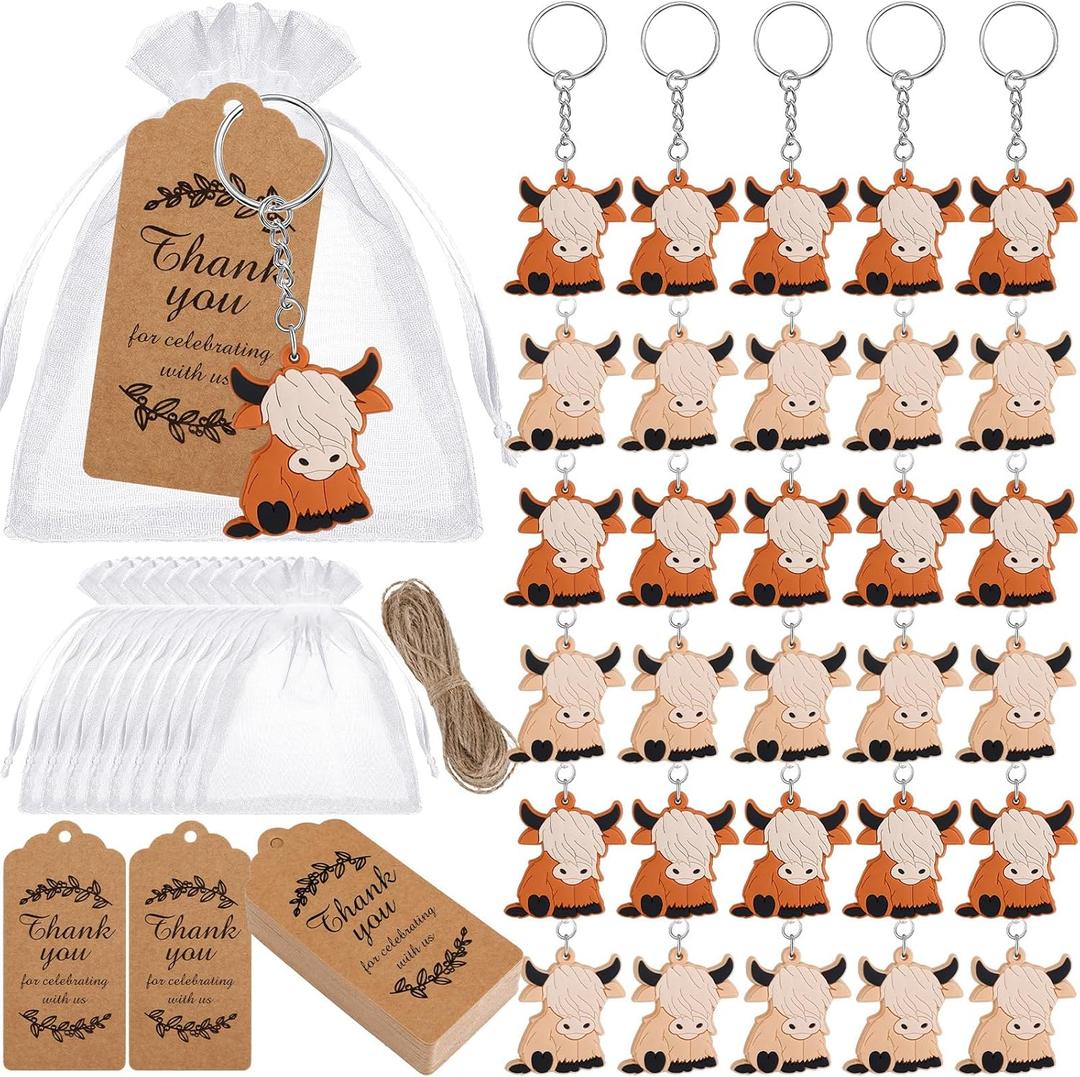 36 Sets Highland Cow Baby Shower Party Favors Keychains with Organza Bags Thank You Kraft Tags Rope Cow Themed Return Gift for Gender Reveal Birthday Wedding Rewards Party Supplies