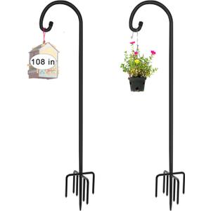 Artigarden 108 inch Outdoor Shepherd Hook with 5 Prong Base (2 Packs), Adjustable Heavy Duty Garden Hanging Stake for Bird Feeder Solar Light Plant Hanger Wedding Decor, Matte Black