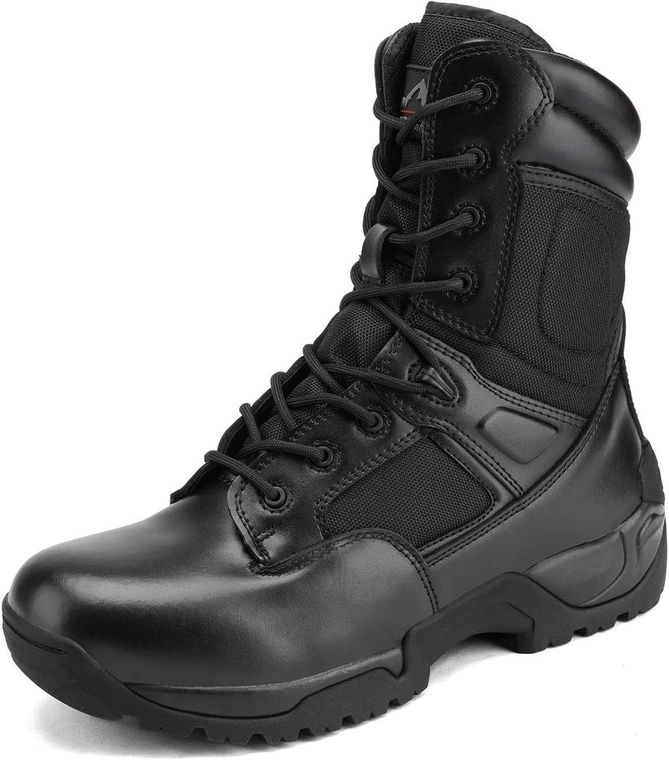 NORTIV 8 Mens Military Tactical Work Boots Hiking Side Zip Leather Outdoor Motorcycle Combat Boots Response (6.5, Black)