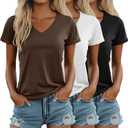 Ficerd 3 Pack Women’s V Neck T Shirts, Summer Casual Short Sleeve Tops Loose Fit Rolled Sleeve Tees 2025 Trendy Cotton Shirts(Black, White, Brown, Medium)