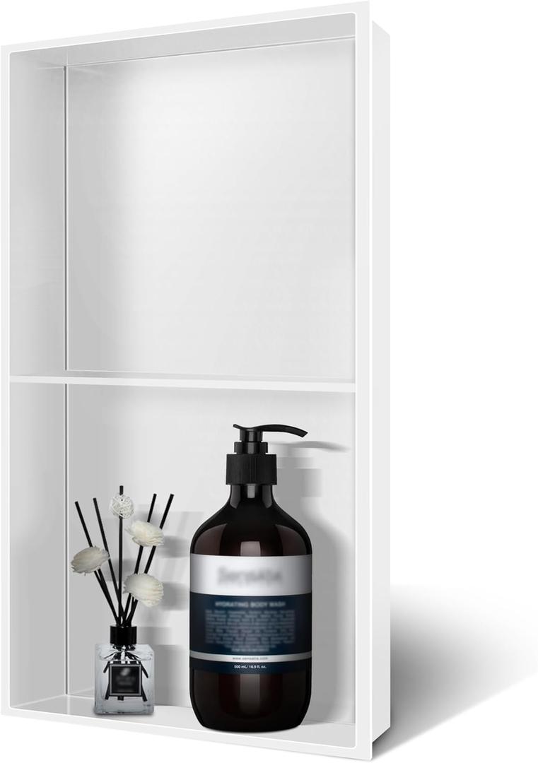 White Shower Niche 9" X 25" Shower Caddies, Bath Niche Double Shelves, Shower Niche Insert Tile Ready, No Tile Needed Over Mount Installation