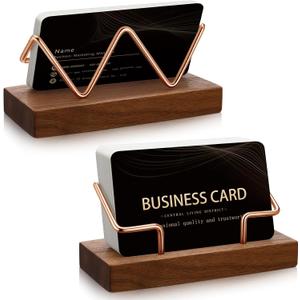 Amyhill 2 Pieces Wood Business Card Holder for Desk Wooden Business Card Display Stand Postcard Holder for Office Home Desktop (Wood Color, Rose Gold)