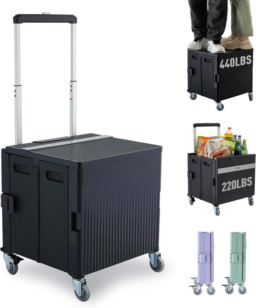 Folding Utility Cart Portable Rolling Crate Handcart Shopping Trolley Collapsible Tool Box, with Lid, on Rotate Wheels, for Grocery, Shopping, Office, Teacher, Camp,File (Black)