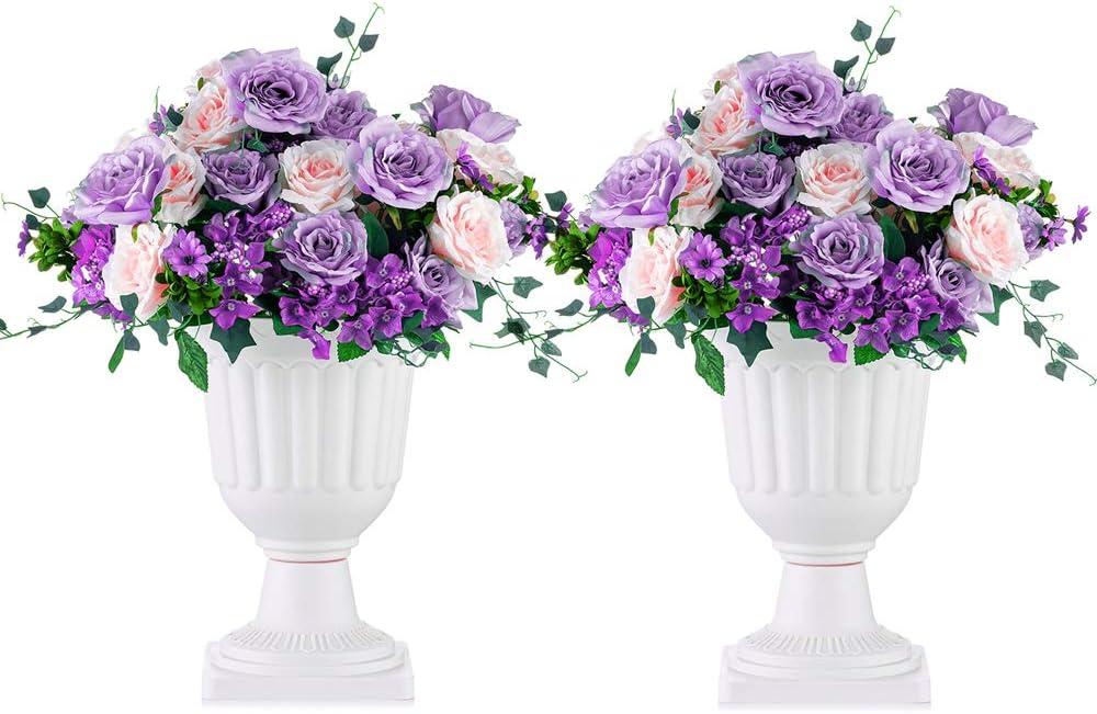NUPTIO 2 Pcs Classic Urn Planter, 13.98 inch Plastic Outdoor Urn, Tall Pedestal Plastic Planter, Flower Pot for Garden Front Porch Door, 13.98 Inches Height- 2 Pcs