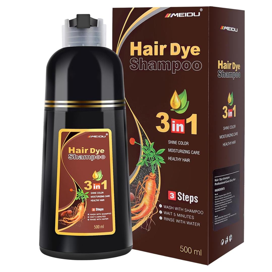 MEIDU Black Hair Dye Shampoo 3 in 1 for Gray Hair, Black Hair Dye for Women Men, Hair Color for Women Herbal Ingredients Natural (500ml,16.9oz) (Chestnut Brown)