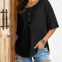 Dokotoo Womens Waffle Knit Tops 2026 Fashion 3/4 Sleeve Casual Button Down Shirts Crew Neck Oversized Patchwork Blouses, Medium