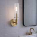 BYOLIIMA Modern Wall Sconces with Dimmer ON/Off Switch Gold Brushed Brass Bathroom Vanity Light Fixtures Striped Clear Glass Shades Indoor Wall Light for Mirror Living Room Bedroom Hallway Staircase