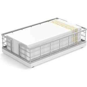 Wican Guest Towel Holder Tray for Bathroom, Oak and Iron Napkins Holder for Powder Room Dinning Table Wooden Basket for Disposable Paper Hand Towels Silvery and White (9.06 x 5.51 x 2.56 inchs)